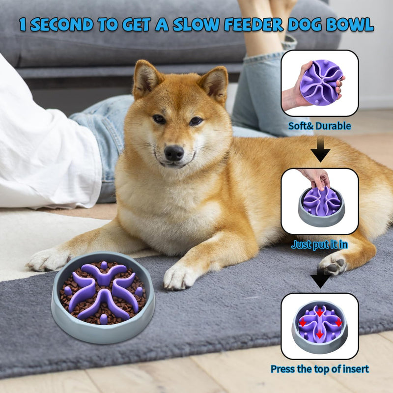 Slow Feeder Dog Bowls Insert, Silicone Dog Slow Feeder Bowl with Strong Suction Cups Perfect for Stainless Steel Glass Ceramic Dog Bowls (Purple, Large Size) Large(5.5in) Purple - PawsPlanet Australia