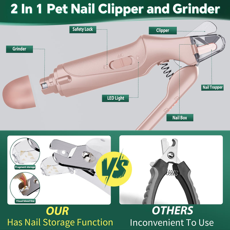 2 in 1 Dog Nail Clippers & Cat Nail Clippers Trimmers for Large Medium Small Dogs Cats Claw Trimmer Quick Sensor and Safety Guard USB Rechargeable Dogs Nail Trimmer with Catcher & 2 LED Lights Pink