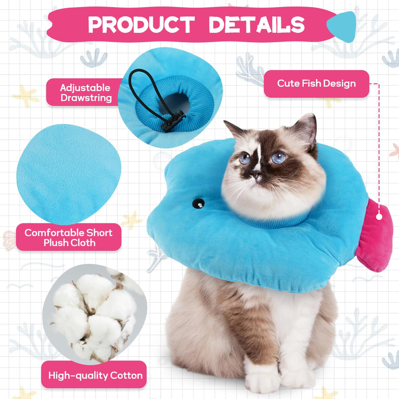 Cat Cone Collar Soft, Adjustable Cat Recovery Collar After Surgery, Pet Pillow Cone, Anti-Lick Wound Healing Elizabethan Collar for Kittens, Cute Fish S Small Blue