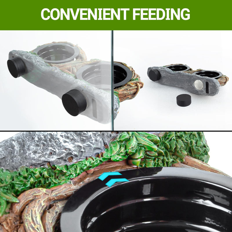 REPTI ZOO Magnetic Reptile Feeding Ledge, Gecko Feeder Ledge with 4PCS Cups, Hollow Vine Food Dish, Reptile Water Bowl for Bearded Dragon Lizard Snake, Reptile Terrarium Tank Accessories Dual Feeder - PawsPlanet Australia