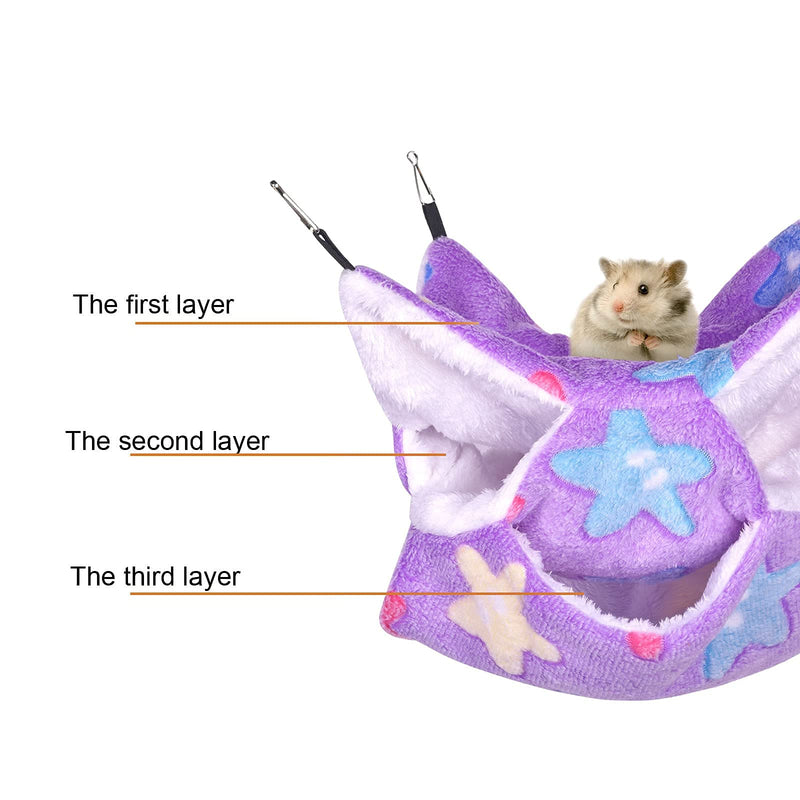 Petmolico Ferret Hammock Bed, Small Pets Warm Plush Three Tier Hanging Cage Hammock Hideout Ferret Accessories for Hamster Guinea Pig Rat Sugar Glider Star/Purple - PawsPlanet Australia