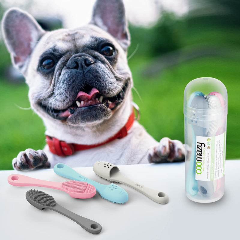 Coomazy Dog Finger Toothbrush, Dog Tooth Brushing Kit with Food Grade Silicone, Easily Clean Teeth Dirt, Design for Large Dogs, 4-Packs Pink+beige+grey+blue