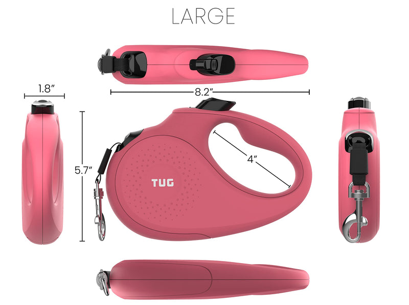 TUG Monochrome 360° Tangle-Free Retractable Dog Leash | 16 ft Strong Nylon Tape (Large, Pink) Large, 16 ft