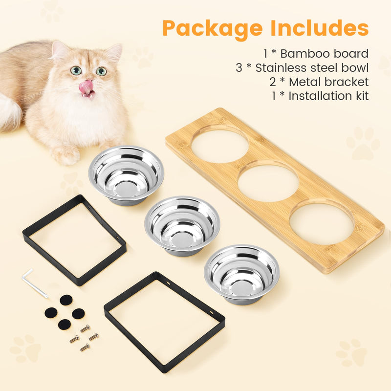 3pcs Cat Bowl with 15° Tilted Stand, Raised Cat Feeding Bowls Stainless Steels for Food and Water, Bamboo Elevated Feeder Bowls for Cats and Puppy, Anti Slip Tilted Feeding Station - PawsPlanet Australia