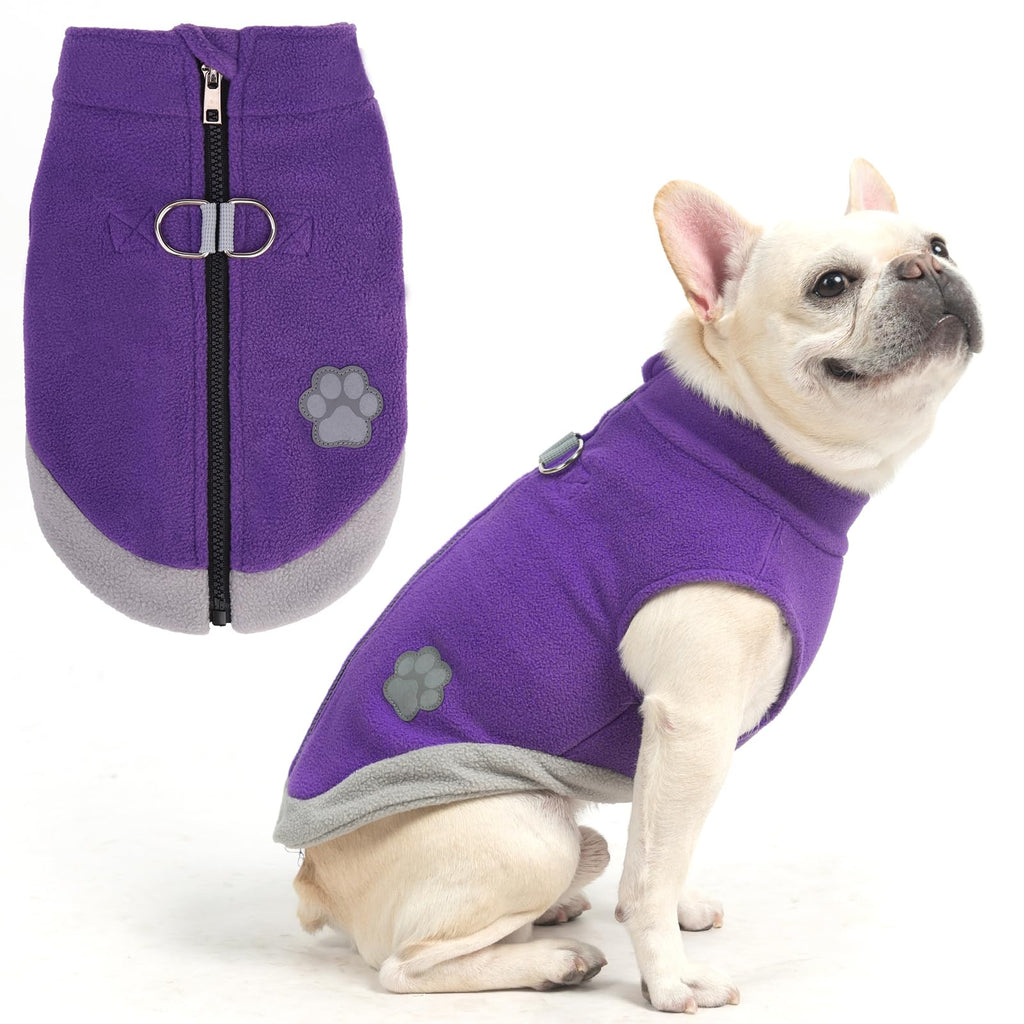 Mihachi Dog Fleece Vest Sweater Zip Up Warm Pullover Step-in Dog Jacket with Dual D-Ring Leash, Winter Cold Weather Reflective Coat Clothes Hoodie for Small Medium Dogs Puppy Cat Boy Girl, Purple S Small(Chest: 15", Neck: 12")