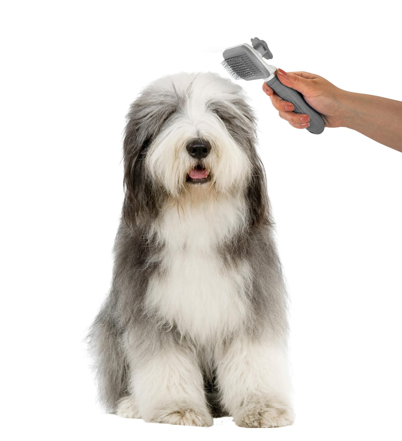 Self Cleaning Slicker Brush - PINK/GREY/BLUE - 1Pc- Pet Grooming Shedding Brush for Dogs and Cats - Remove Loose Undercoat & Tangles - Massaging Tool for Long or Short Hair Grey - PawsPlanet Australia