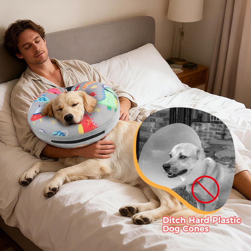 PAWCHIE Inflatable Dog Cone Collar Alternative, Soft Dog Cone for Medium to Large Dogs After Surgery, Adjustable Neck Recovery E-Collars Donut Collar with Cute Dinosaur Prints, Grey L L(Neck:16"-18")