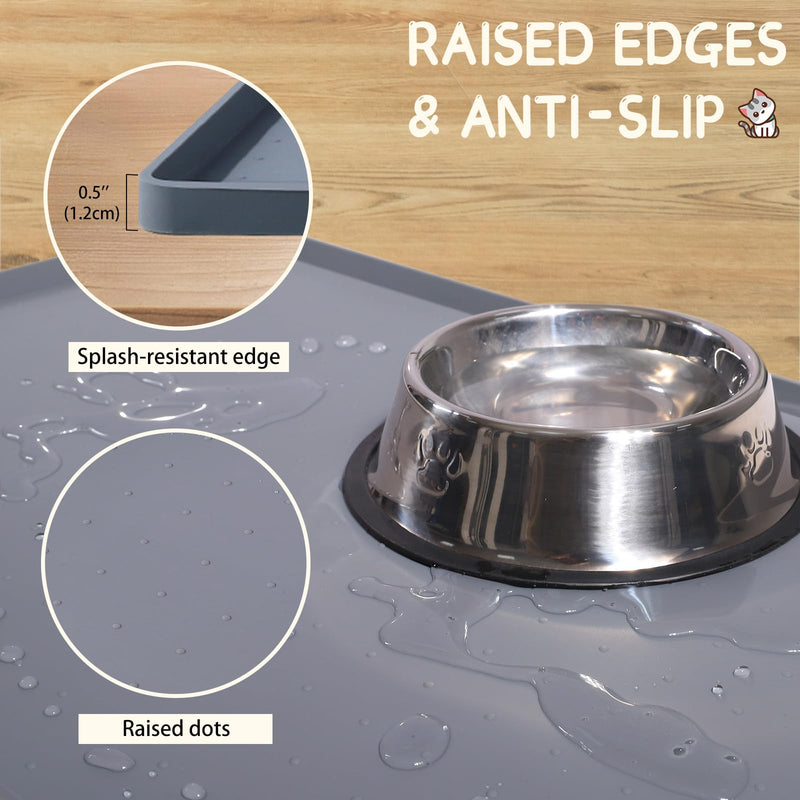MateeyLife Silicone Cat & Dog Food Mat for Floors Waterproof, Anti-Slip Dog Bowl Mats for Food and Water, Pet Feeding Mats with Lip to Prevent Spills, Pet Placemat for Messy Drinkers to Protect Floors 18''×12'' Gray - PawsPlanet Australia