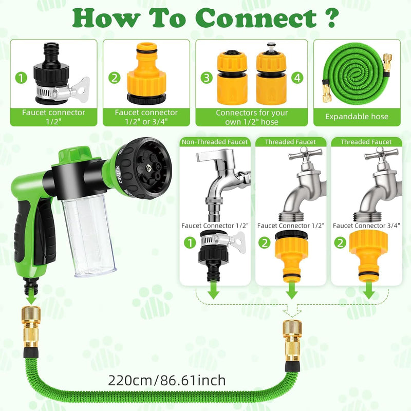 Pup Jet Dog Wash 7 Pieces Pet Bathing Tool Set Include Expandable Hose Spray Nozzle Livestock Foamer Soap Dispenser with Connectors Dog Bathing Sprayer for Pets Showering Green