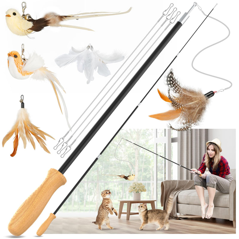 ROSAUI Cat teaser wand toys, interactive bird toys for indoor kittens, 54’’ extra long cat fishing pole toys, 2pcs wires and 5pcs natural refills, sustainable wooden handles, exercising, playing