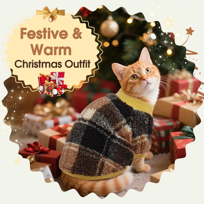 DENTRUN Cat Sweater Winter Clothes - Plush Fleece Coat with Cotton Lining, Anti-Static, Front Legs Kitten Pajamas, Stretch Ribbed Cuffs for Warmth, Cozy Christmas Outfit for Small Medium Large Cats X-Large Yellow Plaid - PawsPlanet Australia