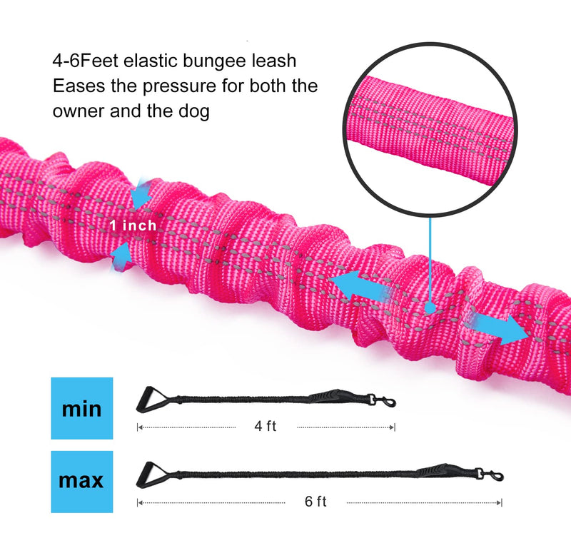 6FT Highly Reflective Heavy Duty Elastic Bungee Medium and Large Dog Leash Shock Absorbing with Comfortable Padded Handle and Traffic Handle Suitable for Training Hot Pink - PawsPlanet Australia
