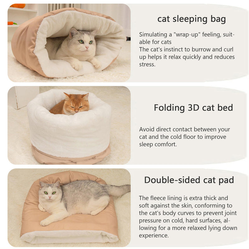 Cat Sleeping Bag Cave Bed Self Warming Heated Cat Bed Cozy Enclosed Cat Cave for Indoor & Outdoor Cats, Fluffy Warm Burrow Cat Bed Winter, Washable Hooded Cat Nest Pet Cave Bed