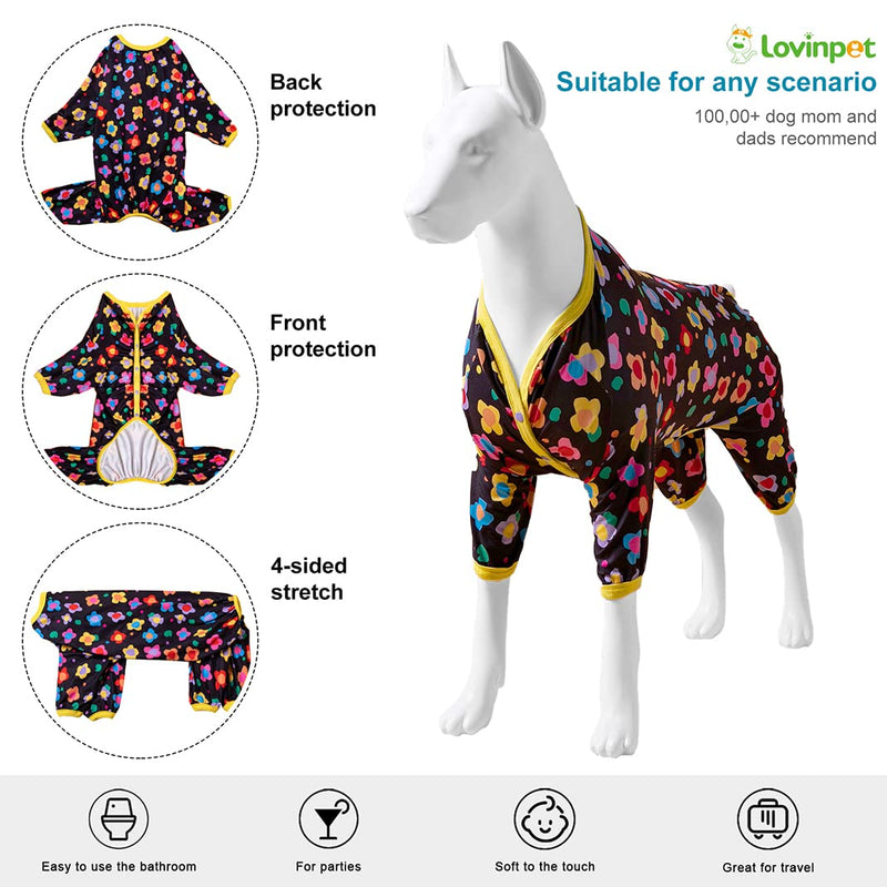 LovinPet Clothes for Labrador Pajama, Anxiety Calming Shirt,Anti Licking Dog Pajamas, Lightweight Fabric, Vintage Happy 2 Quilted Multi Print, Large Dog Pjs, Pitbull Clothes, Black Yellow 2XL XX-Large - PawsPlanet Australia