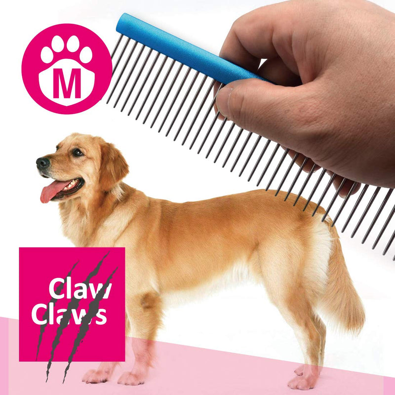 Greyhound Comb with Oval Handle for Dogs and Cats, Removing and Shedding Matted, Tangled Hair, Metal Comb with Stainless Steel Pins, Detangling Grooming Tool (9.8" Blue-20% fine pins) Medium
