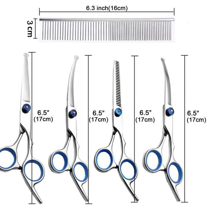 Dog Grooming Scissors Kit Professional Dog Scissors for grooming with Safety Round Tip 6 in 1 4CR Coated Stainless Steel Heavy Duty Thinning Curved Pet Shears Set for Dogs Cats Other Animals at home 6 in 1 Dog Grooming Scissors Set - PawsPlanet Australia