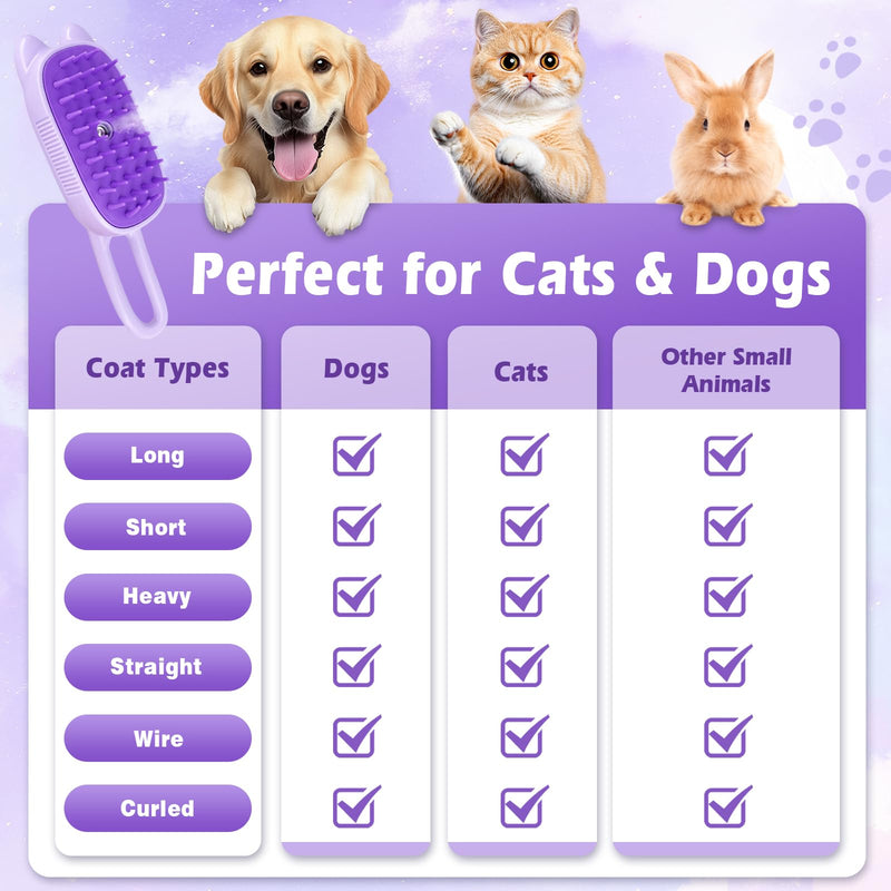 Cat Steam Brush for Shedding, Spritz Defur Comb 3 in 1 Pet Rechargeable Steam Brush Tool for Long and Short Haired Cats and Dogs, Anti-Static, Shedding, Detangling, Massage & Combing (Purple) - PawsPlanet Australia