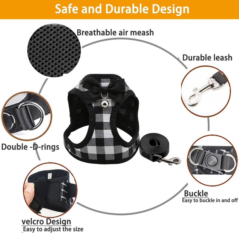Catcat Walking Harness and Leash,Breathable Soft Kittens Vest for Cats Dogs, Escape Proof with Bell and Bow-Knot Decoration Christmas（Black and White，S） S Black and White - PawsPlanet Australia