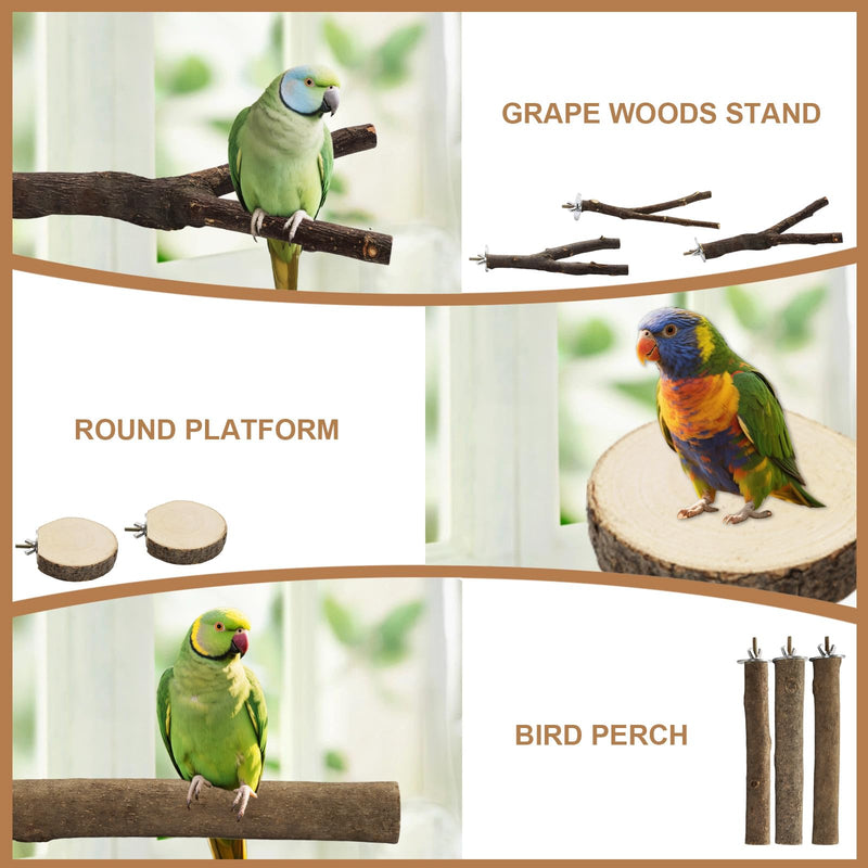 8PCS Bird Perch Natural Wooden Parrot Parakeet Toy Stand Branches Bird Cage Accessories Fork Toys Hanging Multi-Branch Perches Platform Hammock Swing Toy for Parakeets Cockatiel Conure - PawsPlanet Australia