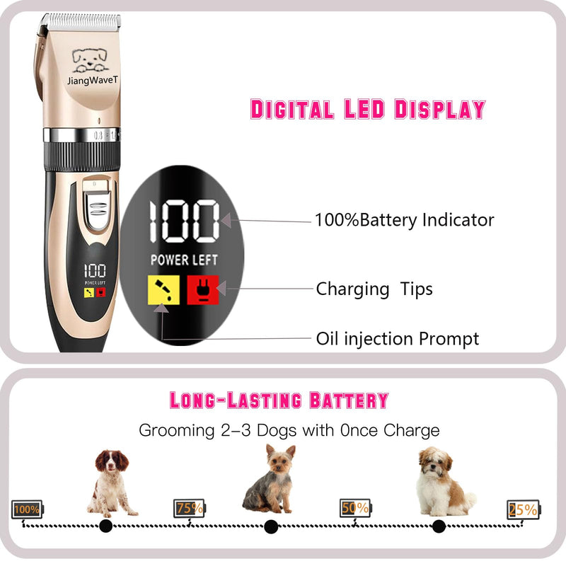 Dogs Hair Trimmer, Dogs Shaver Clippers Grooming Kit - Low Noise Cordless Rechargeable Dog & Cat Horses Clippers, Heavy Duty, Quie Gold