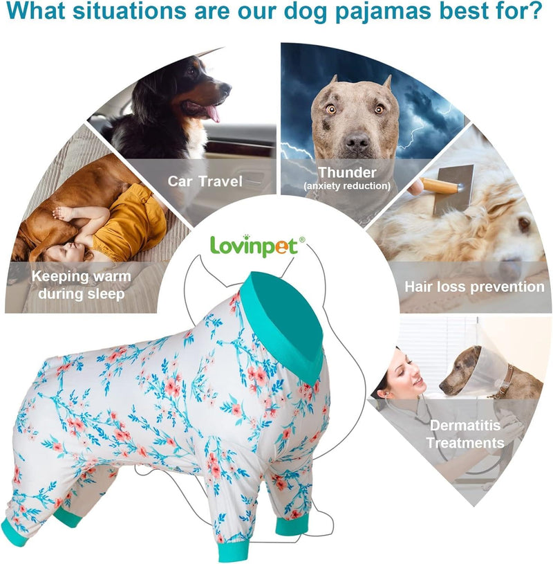 LovinPet Large Big Bodysuit for Dogs - Post Surgery Protection Dog Pjs,4 Legged Coverage Dog Onesie,Stretchable Lightweight, Bubbles and Floral White&Teal Print,Undershirt for Dog Sweaters,Blue Large White/Blue collar