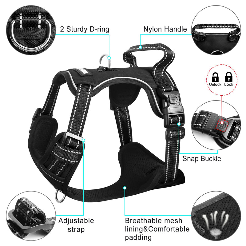 WINSEE Dog/Pet Harnesses No Pull with Dog Collar, Adjustable Reflective Oxford Outdoor Vest, Front/Back Leash Clips for Small, Medium, Large, Extra Large Dogs, Easy Control Handle for Walking X-Large Black
