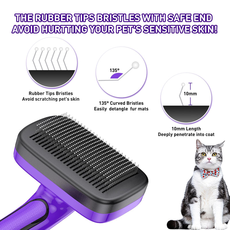 Dog Brush for Shedding, Self-Cleaning Slicker, 4 PCS Kit with Bath Brush, Flea & Steel Combs, Ideal for Short & Long Haired Pets, Removes Mats, Tangles, Fur, Gentle on Skin. Purple Purple 4 in 1 - PawsPlanet Australia