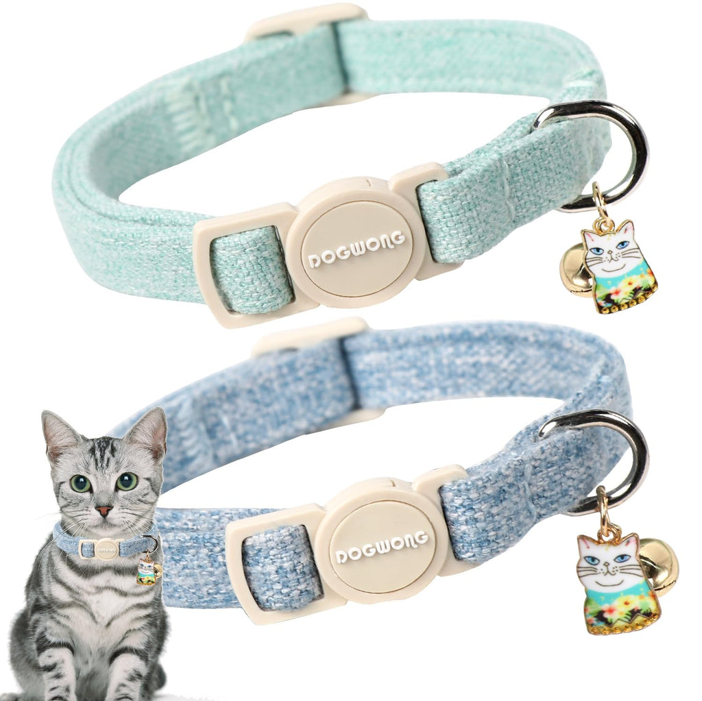 Cat Collar,2 Pack Green Hemp Cat Collars Breakaway with Bell, DOGWONG Safety Buckle Cat Collar for Girl Boy Cats and Small Dogs，Adjustable Kitten Collar7-12 Inch,Pet Supplies Accessories - PawsPlanet Australia