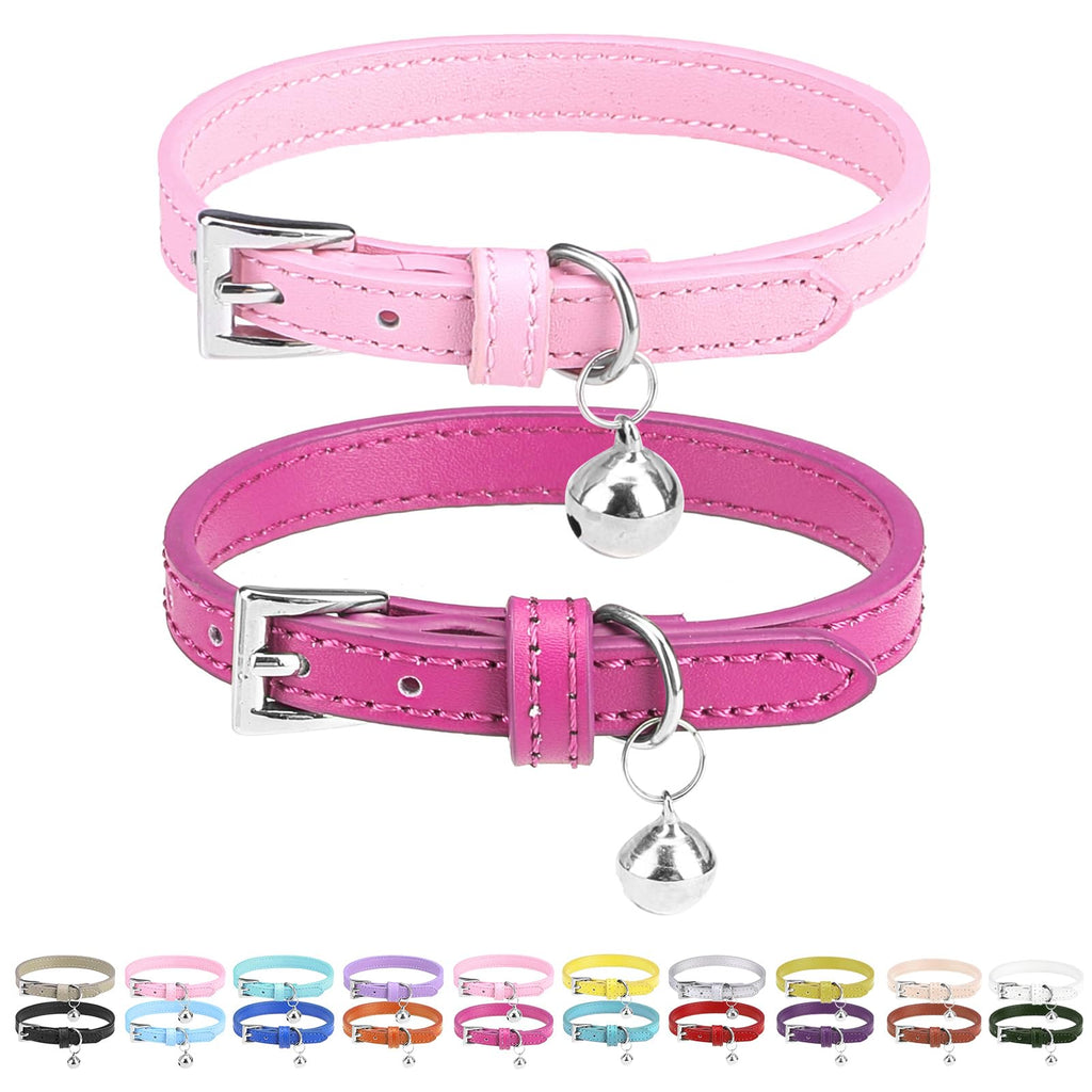 PUPTECK 2 PCS Soft Leather Cat Kitten Collar with bells Adjustable for Girl Boy Cats Puppy Rose&Pink