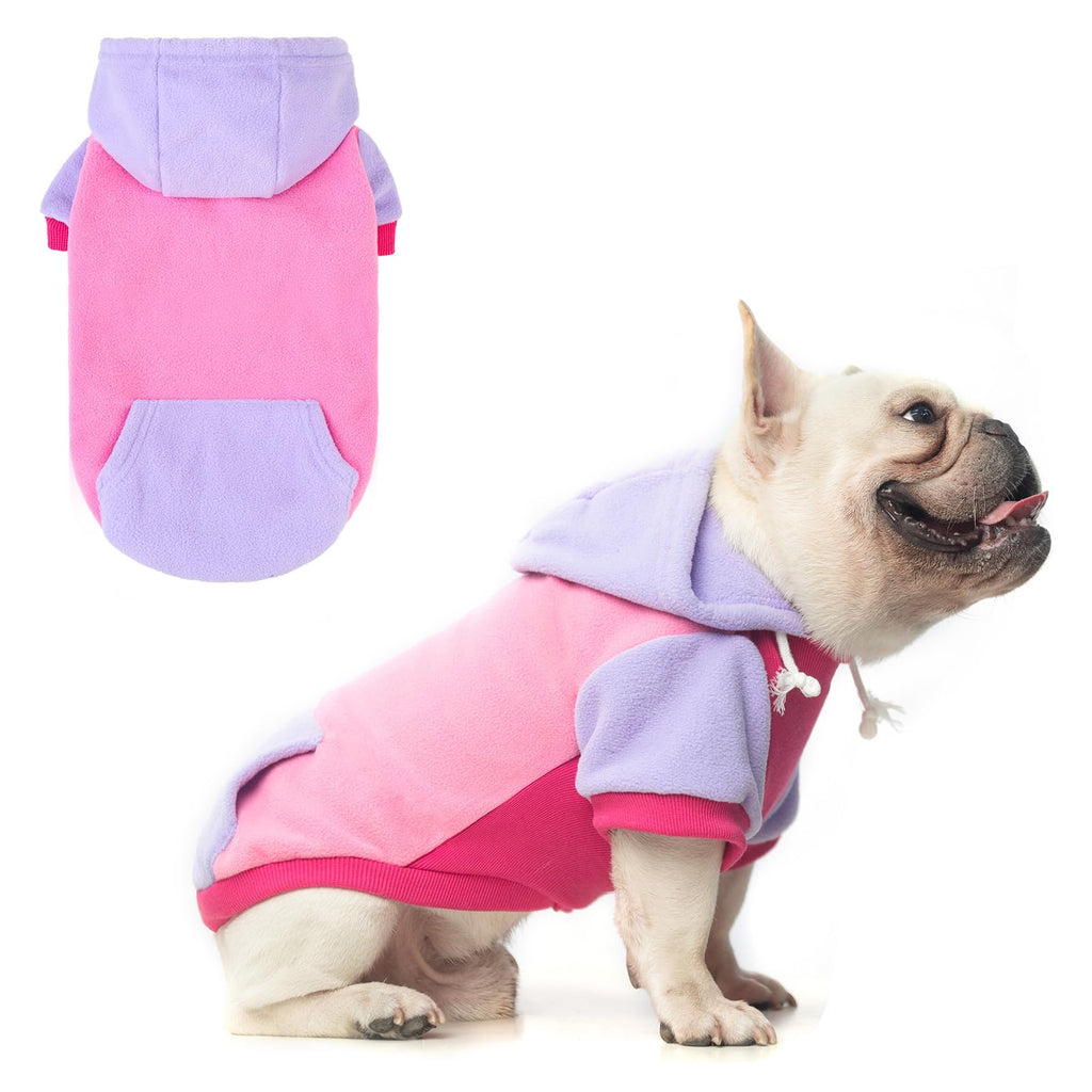 BEAUTYZOO Fleece Dog Hoodie Sweatershirt with Pocket and leash Hole, Stretchy Small Medium Large Sized Dogs Clothes for Fall Winter Cold Days, Color Designer Warm Dog Jackets,French Bulldog Coats M (Back: 16",Chest: 22", Neck: 13") Pink