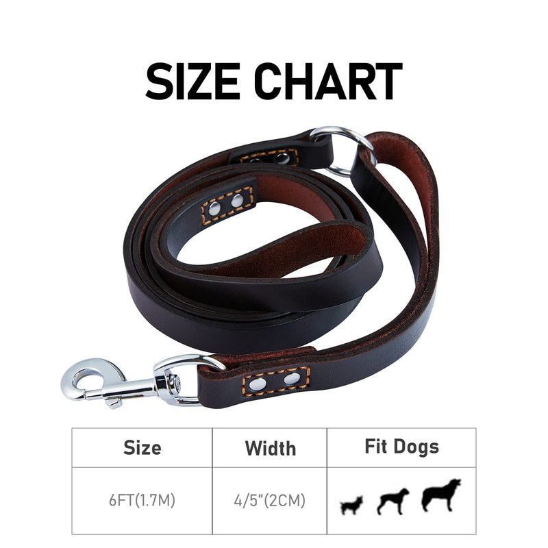 Leather Dog Leash Traffic 6ft Heavy Duty Training for Large Medium Small Breed Dog Brown Double Handle Pet Leashes (6FT * 4/5", Brown) 6FT * 4/5" Dark Drown - PawsPlanet Australia