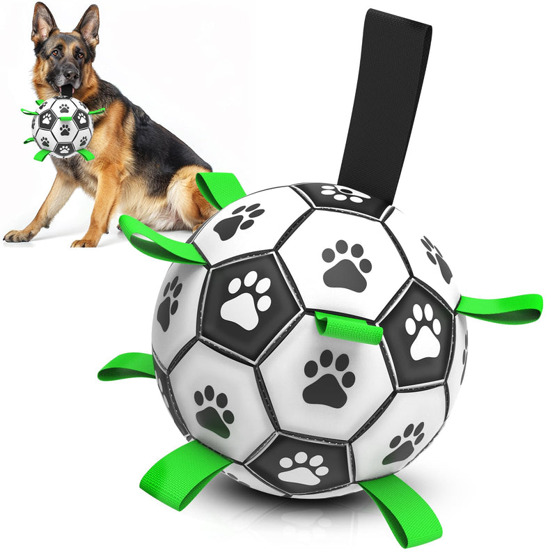 RUCACIO Dog Toys Soccer Ball with Straps, Interactive Dog Toys for Puppy;Dog Toys for Tug of War,Puppy Birthday Gifts，Durable Dog Soccer Balls for Medium & Big Dogs (L Size) Large Black White Green - PawsPlanet Australia