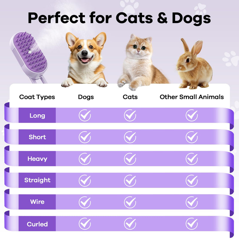 Cat Steam Brush for Shedding, 4 in 1 Brushs with Foldable Handle, Steam Brushs for Cats, Spritz Defur Comb for Cats, Water Brush for Cat, Pet Spray Hair Removal Comb purple
