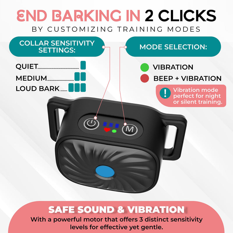 2 Pack Bark Collar for Small Dogs, No Shock Anti Bark Collar, Rechargeable Anti Barking Collar w/2 Vibration & Beep Modes, Waterproof Shockless Smart Dog Stop Barking Control Device 2 Pack Black-2Pack