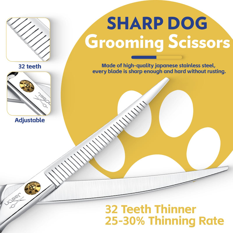 JASON 7" Dog Grooming Scissors - Up-curved Thinning Shears with 25%-30% Thinning Rate, Japanese 440C Stainless Steel Dog Blenders for Grooming with Adjustable Screw (32 Teeth, Silver) Christmas Gift - PawsPlanet Australia