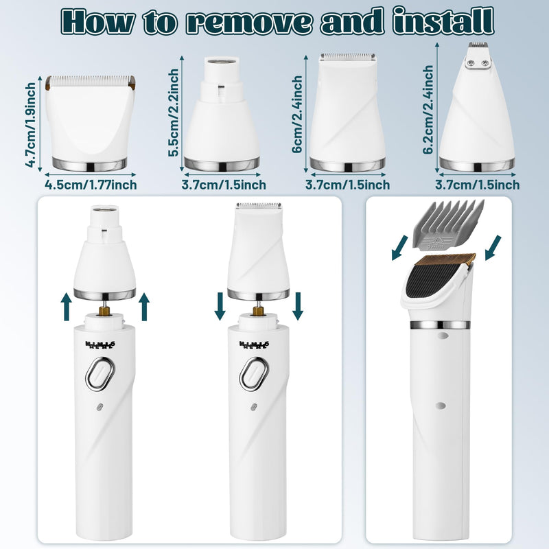 MALLMALL6 4 in 1 Dog Grooming Kit, High Performance 4 Hours Battery Life Professional Pet Clipper Set for Thick Fur, 2 Speed Low Noise Cat Shaver Paw Trimmer for Home Pet Grooming Shop White - PawsPlanet Australia