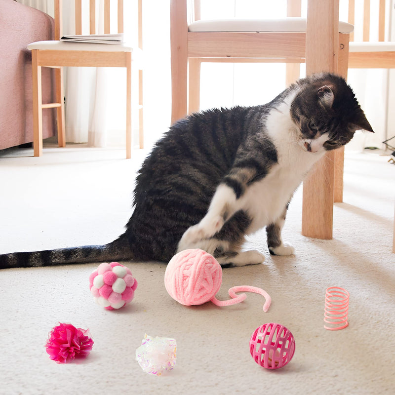 MALLMALL6 10Pcs Cat Toy Set Interactive Cat Toys Pack Including Feather Teaser Wand Cat Springs Mice Crinkle Balls and Pet Bell Balls, Puzzle Toys for Indoor Cats Gift (Pink) Pink - PawsPlanet Australia