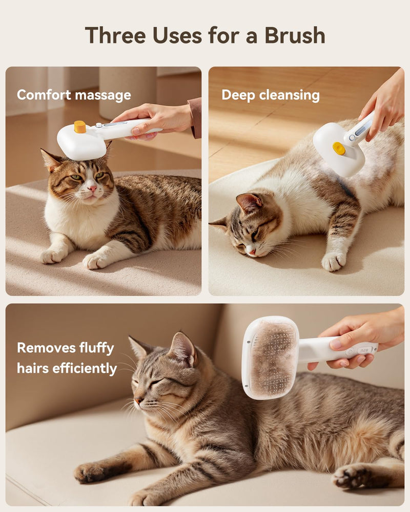 ROJECO 3-in-1 Pet Steam Brush for Cats&Dogs-Pet Spray Hair Removal Detangling Comb with Adjustable Mist,Handheld Deshedding Grooming Tool for Long/Short Hair,Massage Brush & Shedding Control,Cordless White - PawsPlanet Australia