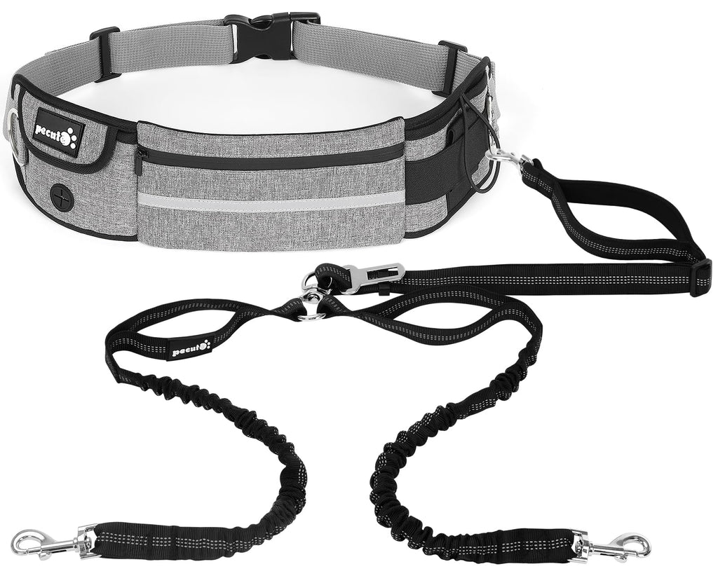 Pecute Hands Free Dog Leash 2 Dogs, Waist Belt Fanny Pack with Soft Padded, Dual Dog Leash with Pouch, 3 Padded Handles, Durable Bungee, Double Dog Leash for Running Walking Hiking Jogging Biking Gray-new