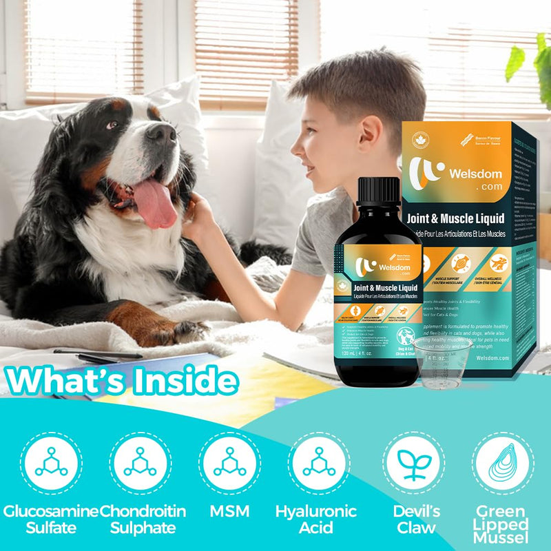 Pets Joint & Muscle Support Liquid for Cats & Dogs - 120mL | Promotes Mobility, Reduces Inflammation & Enhances Flexibility | Easy-to-Use Supplement for Active & Aging Pets - PawsPlanet Australia