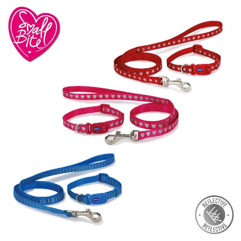 Ancol Small Bite Reflective Collar and Lead set for small dogs and puppies- Pink Hearts - PawsPlanet Australia