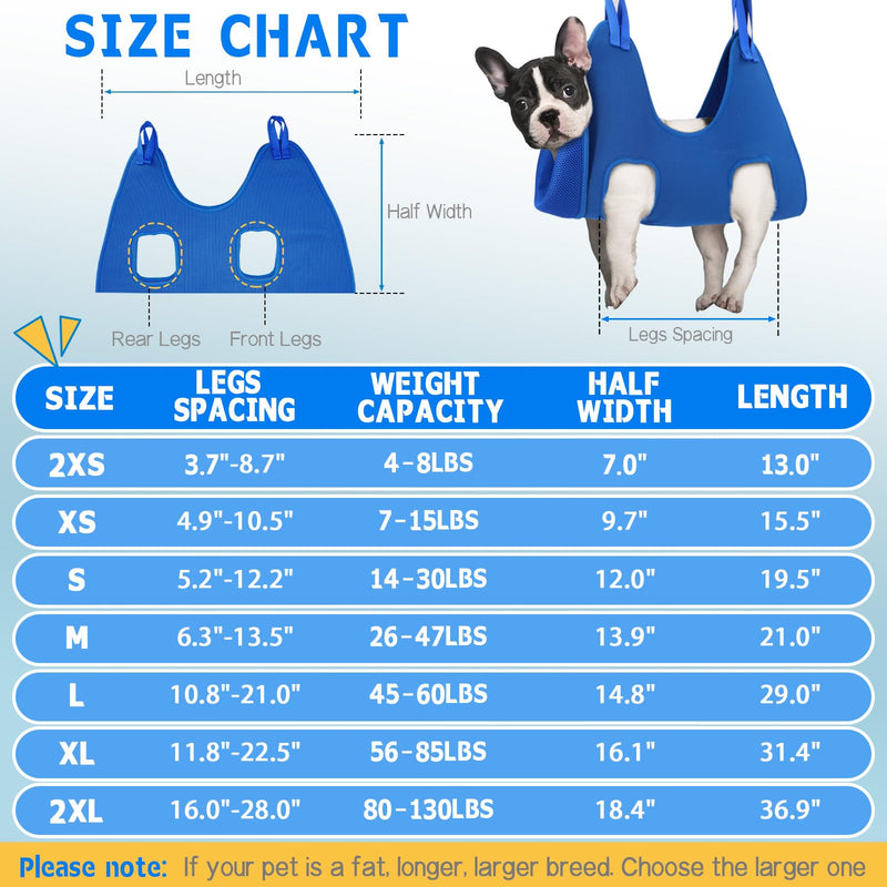 Supet Dog Grooming Hammock Harness for Dogs Cats, Relaxation Pet Nail Clipper Hammock, Restraint Dog & Small Animal Leashes Sling for Groomingk for Nail Trimming (Blue, XS) XS（ Max 16 Lb：Leg space: 6"-9.5"） Blue - PawsPlanet Australia