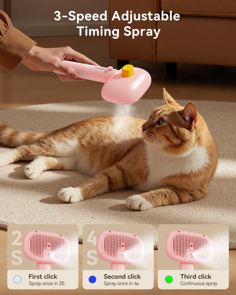 ROJECO 3-in-1 Pet Steam Brush for Cats&Dogs - Detangling Comb with Adjustable Mist, Handheld Deshedding Grooming Tool for Long/Short Hair, Massage Brush & Shedding Control Gift,Cordless,Pink Pink