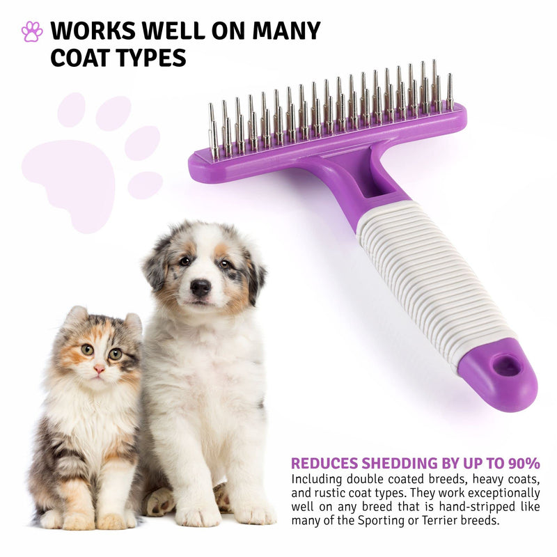 Poodle Pet Dog Grooming Rake| Dematting Tool with Stainless Steel Shedding Comb for Pets | 2 Rows of Pins Gently Remove Loose or Tangled Hair from Undercoat | Purple Handle - PawsPlanet Australia