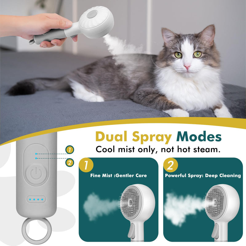 Dog Steam Brush with 2 Cleaning Modes, 3 In 1 Cat Steam Brush with Release Button and Tank, Anti-Static Cat Spray Comb for Effective Hair Removal, Rechargeable Steamy Dog Comb for Furry Pet GRAY
