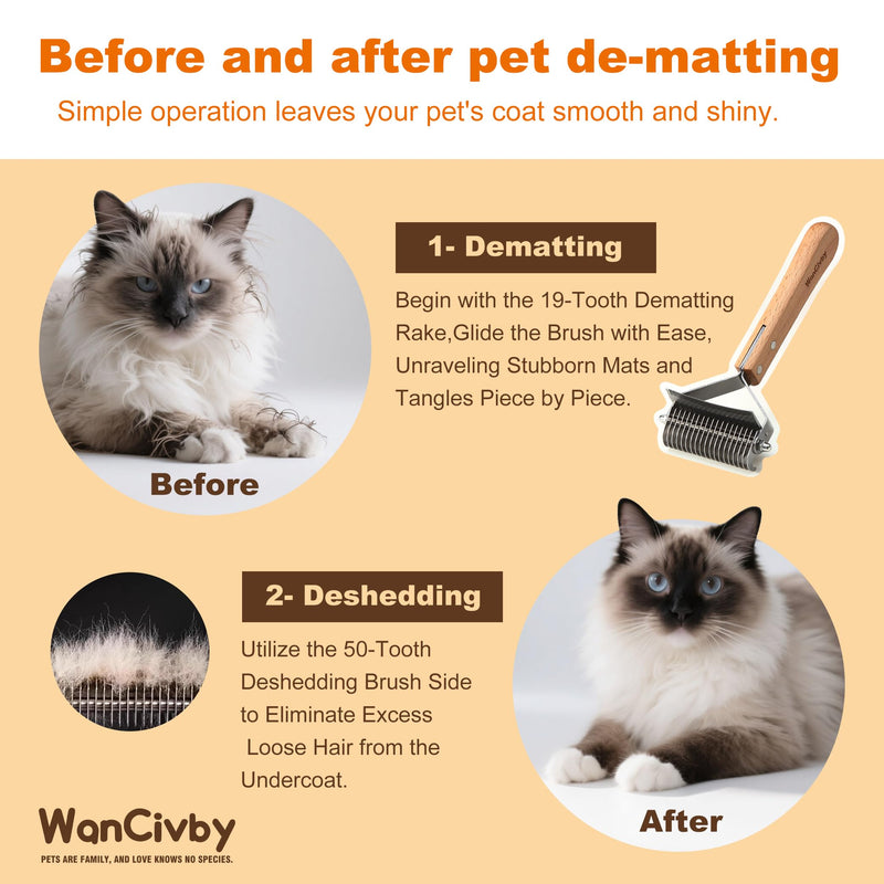 3-in-1Dematting & Deshedding Comb Undercoat Rake for Cats& Dogs，Detangling Matted Fur & Hair Remover Tool Pet Grooming Rake for Shedding and Dematting，Ergonomic beech wood handle (Square Handle) Square Handle - PawsPlanet Australia