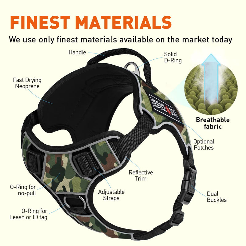 Dogline Quest No-Pull Dog Harness with 3D Rubber Service Dog Removable Patches Reflective Soft Comfortable Dog Vest with Quick Release Dual Buckles Black Hardware and Handle 18 to 22 inches Green Camo Girth 18" to 22" - PawsPlanet Australia