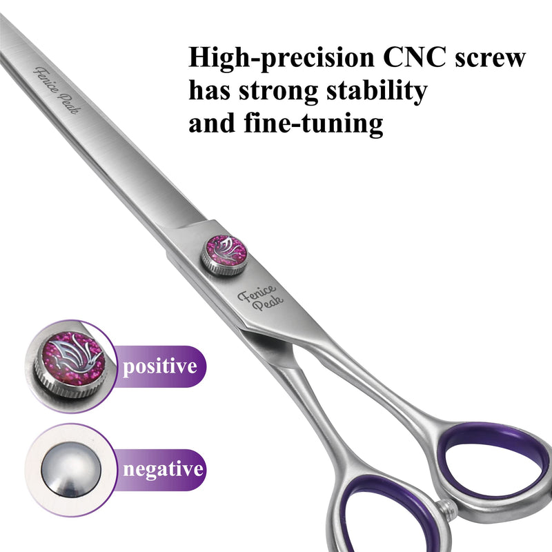 Fenice Peak 7'' Straight Dog Grooming Scissors with Purple Finger Rings and Flashing Screw Professional 440C Stainless Steel Natural Color Pet Trimming Shears with Offset Handle Durable and Sharp Straight Scissors 7'' - PawsPlanet Australia