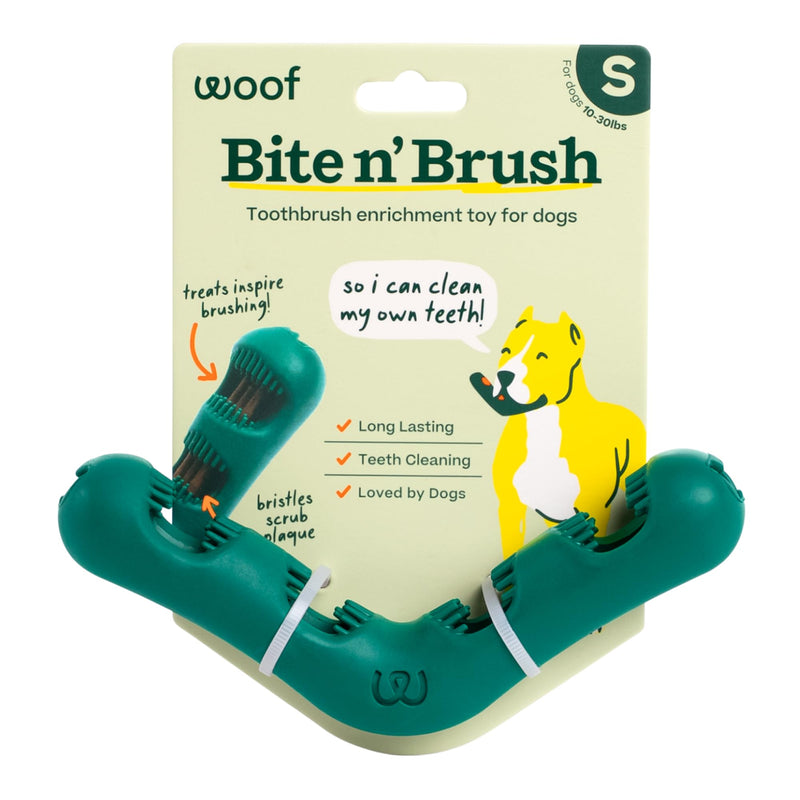 WOOF The Bite n' Brush - Dog Toothbrush Toy - Scrub Plaque and Tartar from Your Dog's Teeth and Mouth - Dog Dental Chew Toy - Small