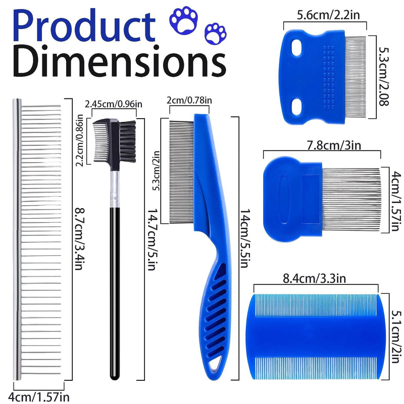 6 Pack Flea Comb for Dogs and Cats, Stainless Steel Pet Grooming Comb Set, Lice Comb, Double-Sided Tear Stain Remover, Dematting and Fine Tooth Combs for Small, Medium and Large Pets blue(6 pack)